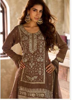 brown viscose embroidery & sequins semi stitched suit 2