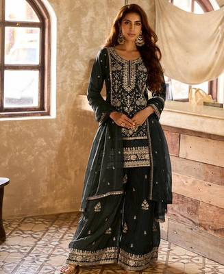 black viscose embroidery & sequins semi stitched suit 1