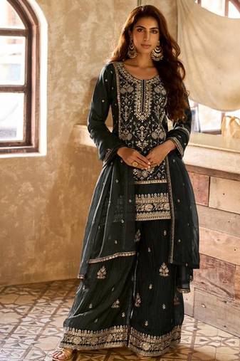 black viscose embroidery & sequins semi stitched suit