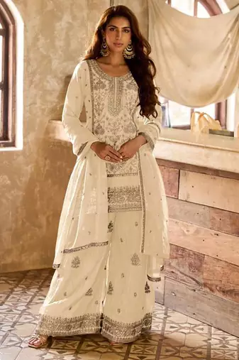 off white viscose embroidery & sequins semi stitched suit
