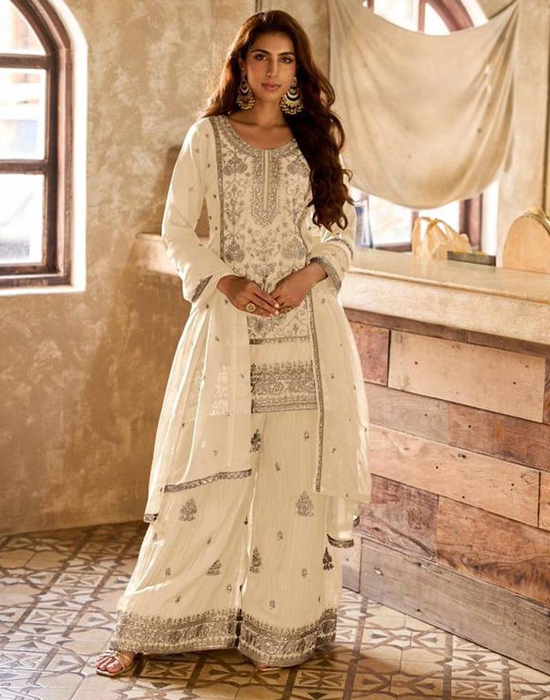 off white viscose embroidery & sequins semi stitched suit
