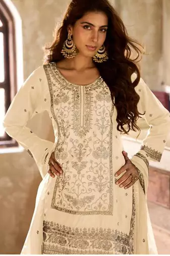 off white viscose embroidery & sequins semi stitched suit