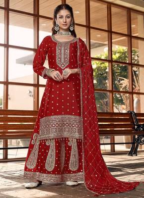 red silk blend designer embroidery work  hand work semi stitched suit 1