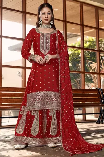 red silk blend designer embroidery work  hand work semi stitched suit