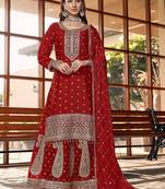 red silk blend designer embroidery work  hand work semi stitched suit