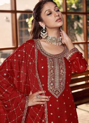 red silk blend designer embroidery work  hand work semi stitched suit 2