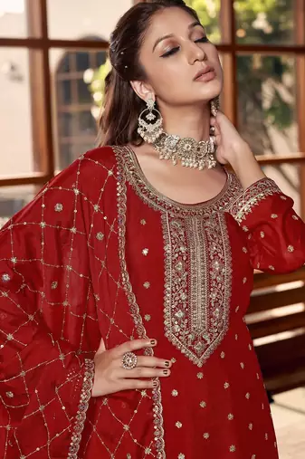 red silk blend designer embroidery work  hand work semi stitched suit