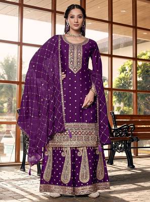 purple silk blend designer embroidery work  hand work semi stitched suit 1