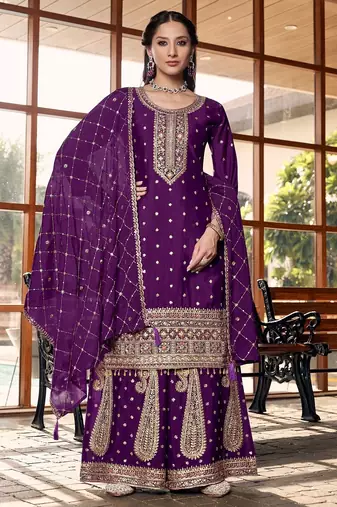 purple silk blend designer embroidery work  hand work semi stitched suit