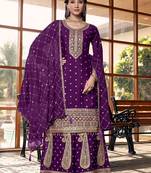 purple silk blend designer embroidery work  hand work semi stitched suit