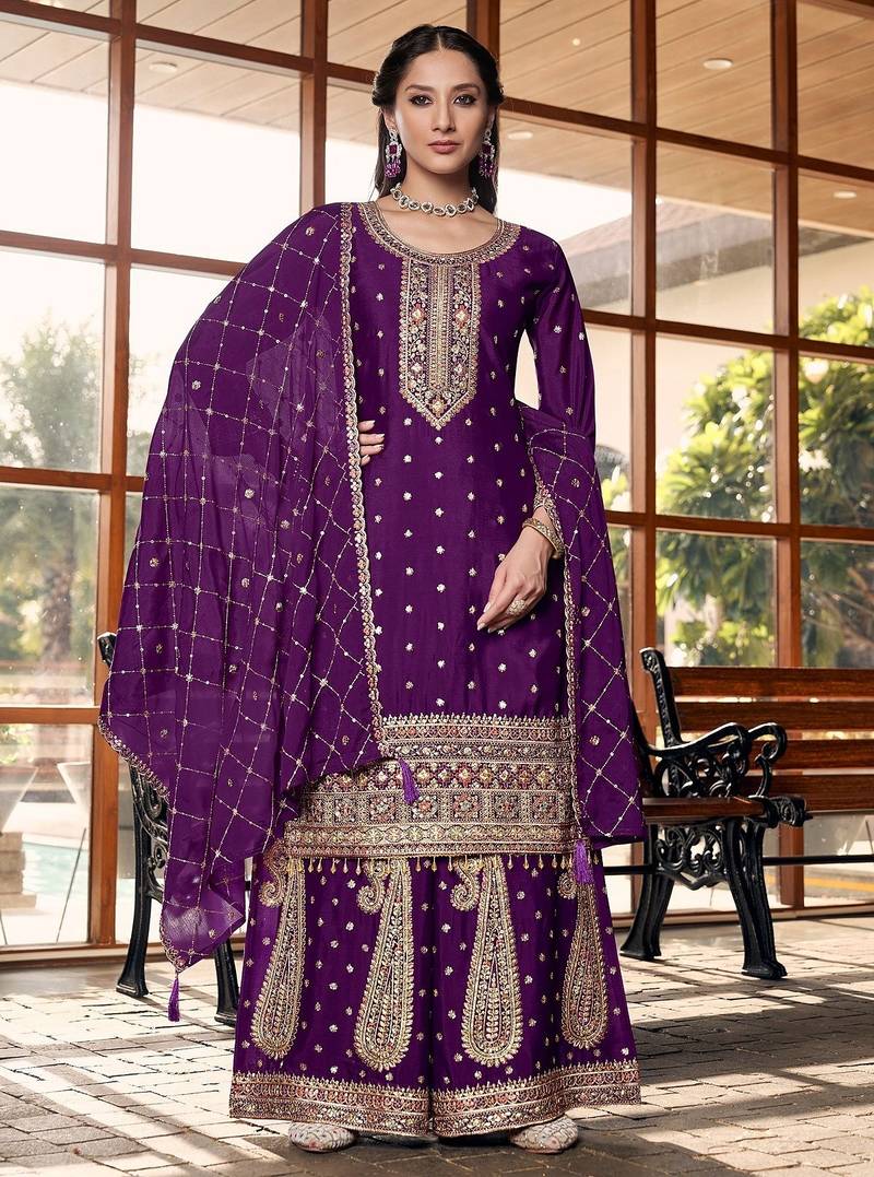 purple silk blend designer embroidery work  hand work semi stitched suit