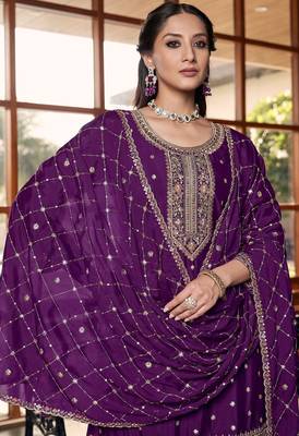 purple silk blend designer embroidery work  hand work semi stitched suit 2