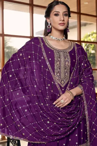purple silk blend designer embroidery work  hand work semi stitched suit