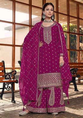 rani pink silk blend designer embroidery work  hand work semi stitched suit 1