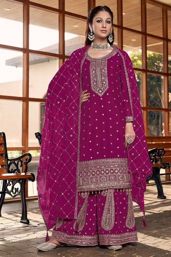 rani pink silk blend designer embroidery work  hand work semi stitched suit