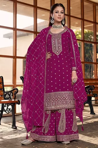rani pink silk blend designer embroidery work  hand work semi stitched suit