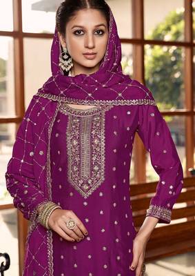 rani pink silk blend designer embroidery work  hand work semi stitched suit 2