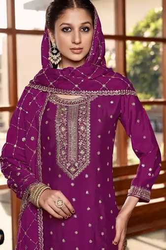 rani pink silk blend designer embroidery work  hand work semi stitched suit