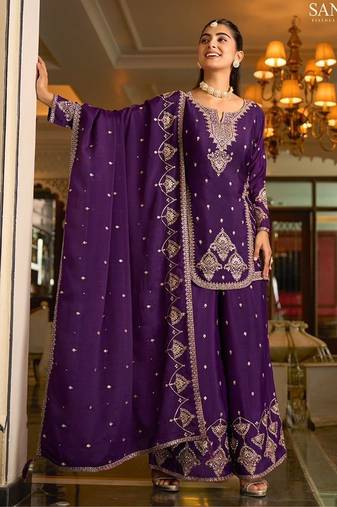 purple silk blend designer embroidery work  hand work  mirror work semi stitched suit