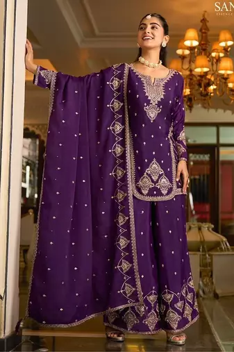 purple silk blend designer embroidery work  hand work  mirror work semi stitched suit