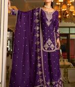 purple silk blend designer embroidery work  hand work  mirror work semi stitched suit