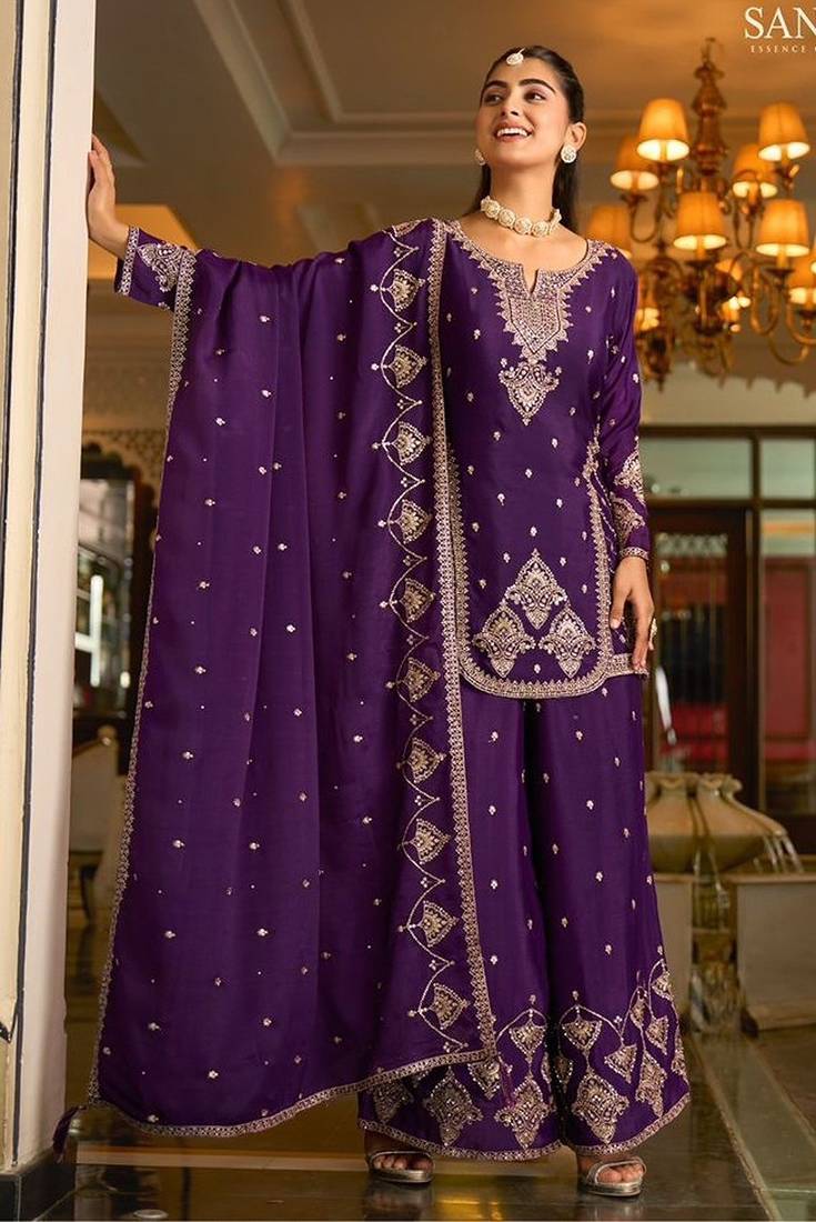 purple silk blend designer embroidery work  hand work  mirror work semi stitched suit
