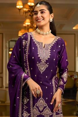 purple silk blend designer embroidery work  hand work  mirror work semi stitched suit 2