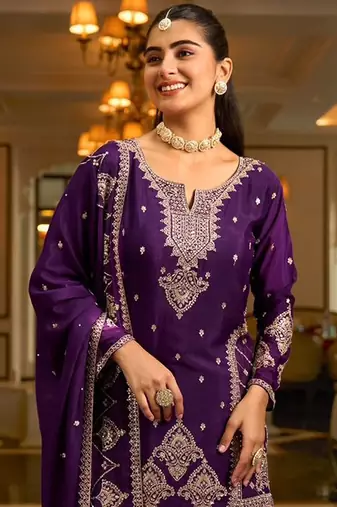 purple silk blend designer embroidery work  hand work  mirror work semi stitched suit