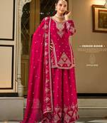 rani pink silk blend designer embroidery work  hand work  mirror work semi stitched suit