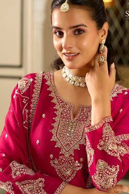 rani pink silk blend designer embroidery work  hand work  mirror work semi stitched suit 2