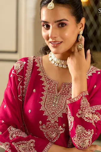 rani pink silk blend designer embroidery work  hand work  mirror work semi stitched suit