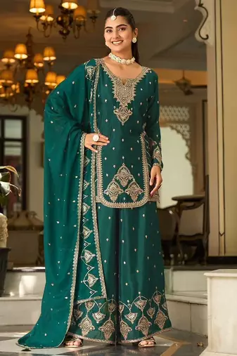 teal silk blend designer embroidery work  hand work  mirror work semi stitched suit