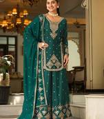 teal silk blend designer embroidery work  hand work  mirror work semi stitched suit