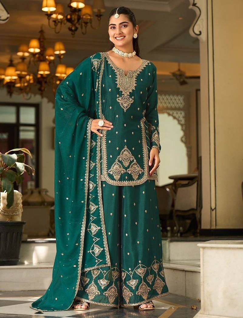 teal silk blend designer embroidery work  hand work  mirror work semi stitched suit
