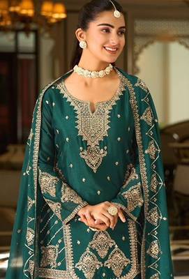 teal silk blend designer embroidery work  hand work  mirror work semi stitched suit 2