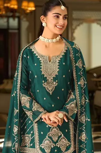 teal silk blend designer embroidery work  hand work  mirror work semi stitched suit