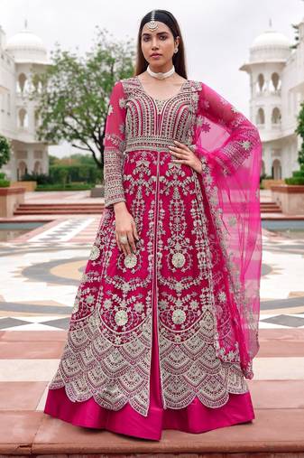 rani pink net embroidery work  beads  sequins  stone semi stitched suit