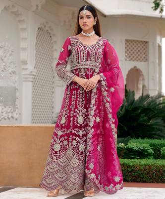 rani pink net embroidery work  beads  sequins  stone semi stitched suit 3