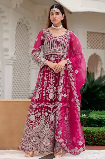 rani pink net embroidery work  beads  sequins  stone semi stitched suit