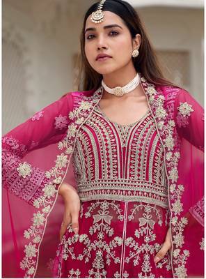 rani pink net embroidery work  beads  sequins  stone semi stitched suit 4