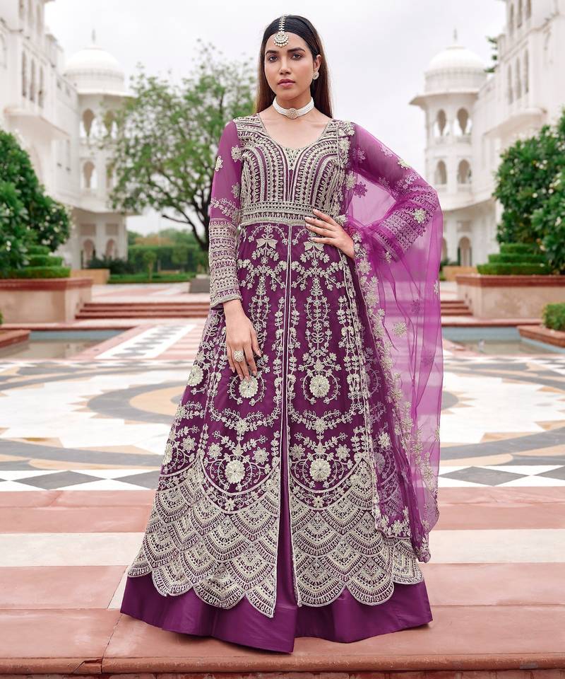 purple net embroidery work  beads  sequins  stone semi stitched suit
