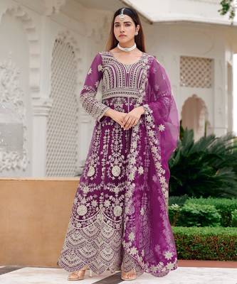 purple net embroidery work  beads  sequins  stone semi stitched suit 2