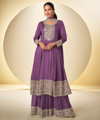 violet chiffon embroidery work & sequins semi stitched suit 1