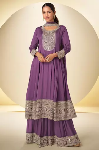 violet chiffon embroidery work & sequins semi stitched suit