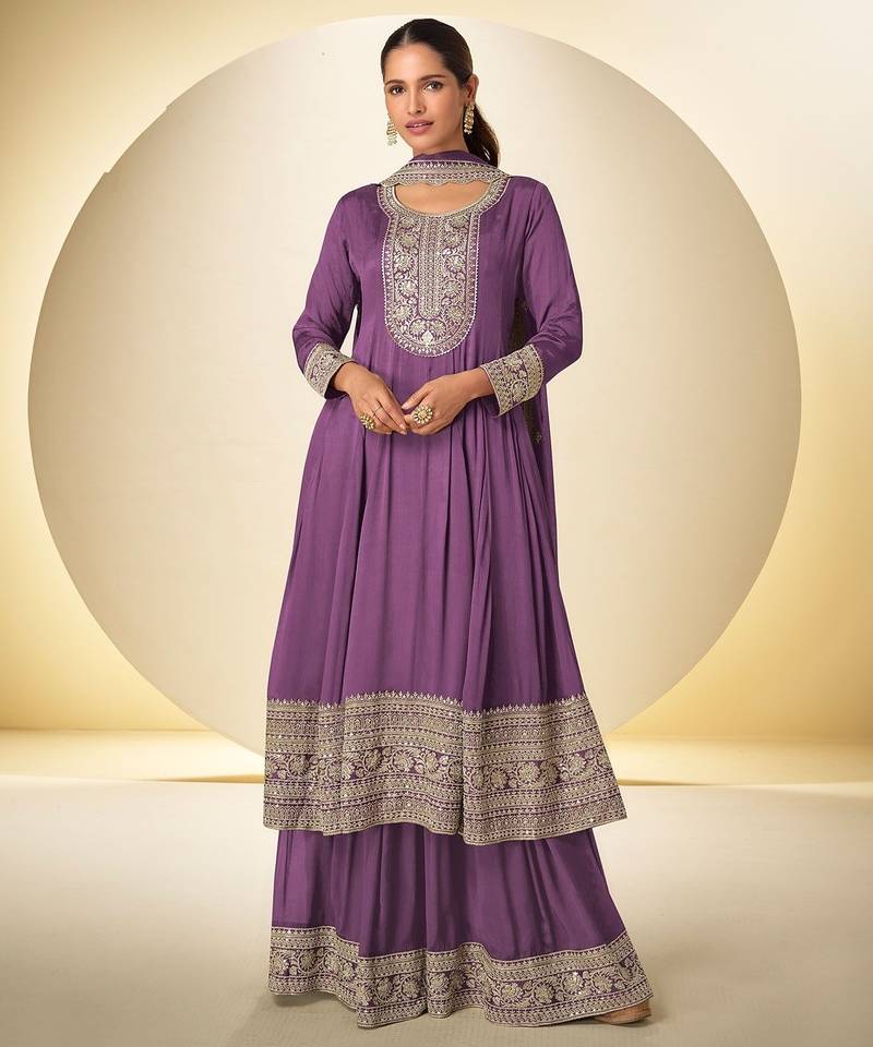 violet chiffon embroidery work & sequins semi stitched suit