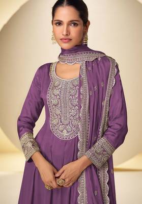 violet chiffon embroidery work & sequins semi stitched suit 2