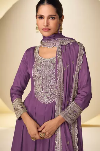 violet chiffon embroidery work & sequins semi stitched suit