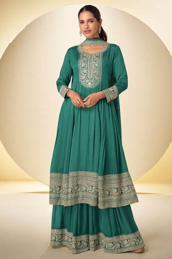 peacock green chiffon embroidery work & sequins semi stitched suit