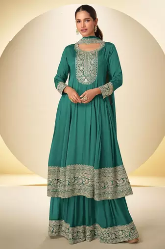 peacock green chiffon embroidery work & sequins semi stitched suit