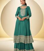 peacock green chiffon embroidery work & sequins semi stitched suit